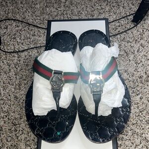 Gucci Black Flip Flops with Red and Green Straps